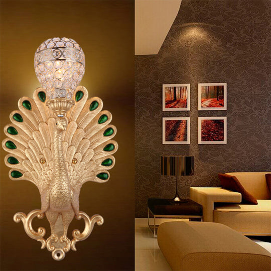 Modern Golden Peacock Wall Sconce With Crystal Bowl Shade Elegant Bedside Lighting