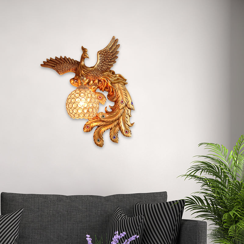 Phoenix Sconce Lighting Resin Wall Lamp With Crystal Dome Shade - Lodge Style Gold Finish / Right