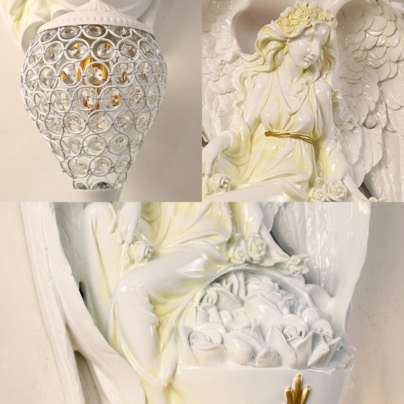 Modern White Resin Bedroom Angel Wall Light With Crystal Shade