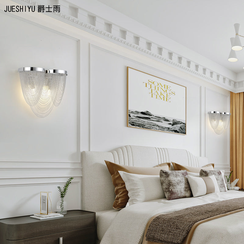 Modern Tassel Wall Light With 2 Aluminum Lights In Chrome Finish For Bedroom