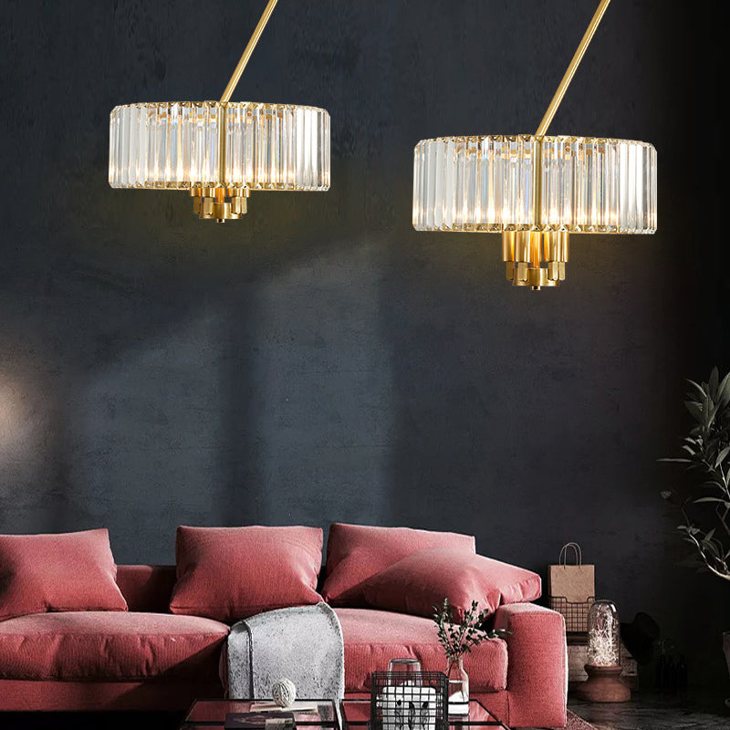 Modern Crystal Pendant Chandelier With Clear Drum Shade And Gold Finish (3/4/6 Lights)