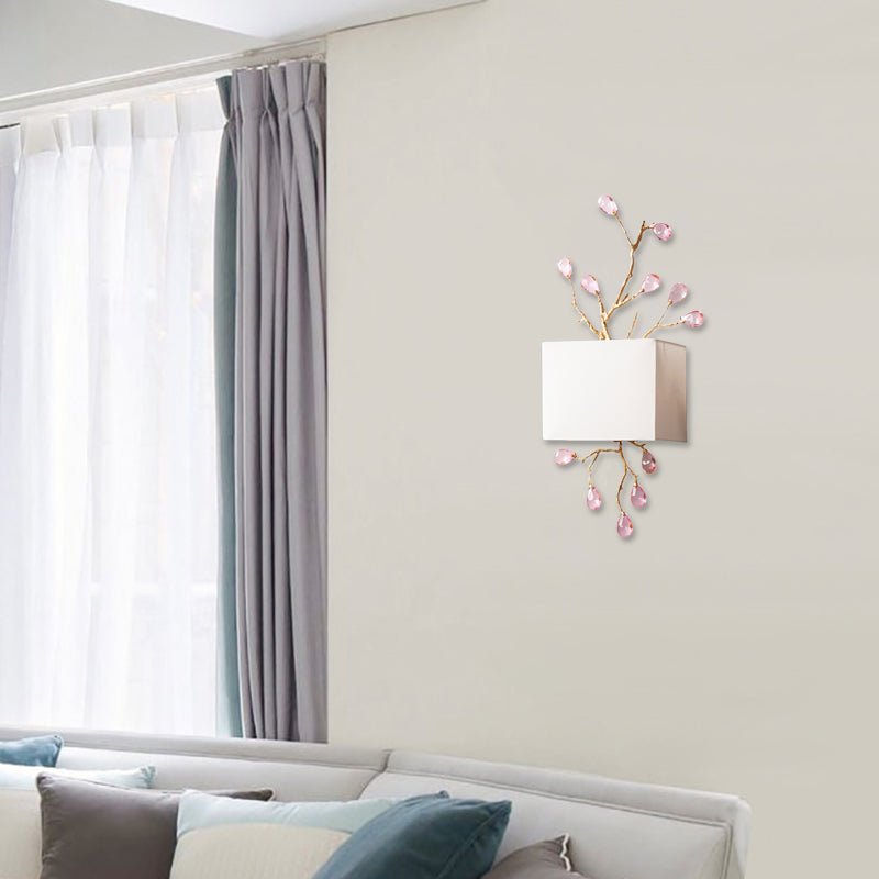 Modern White Fabric Square Wall Mount Lamp With Pink Crystal Accent - 2 Lights Sconce