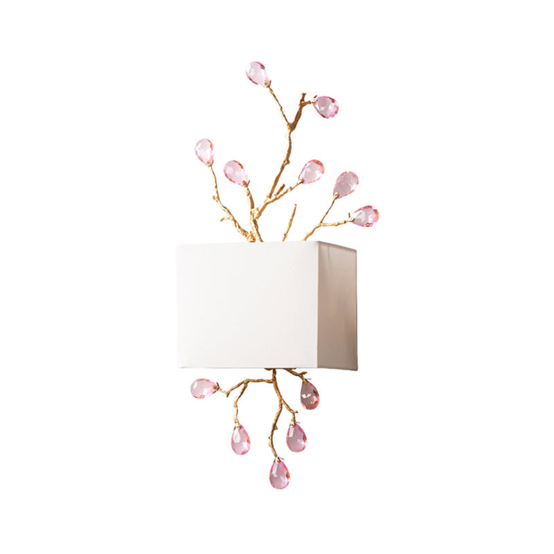 Modern White Fabric Square Wall Mount Lamp With Pink Crystal Accent - 2 Lights Sconce