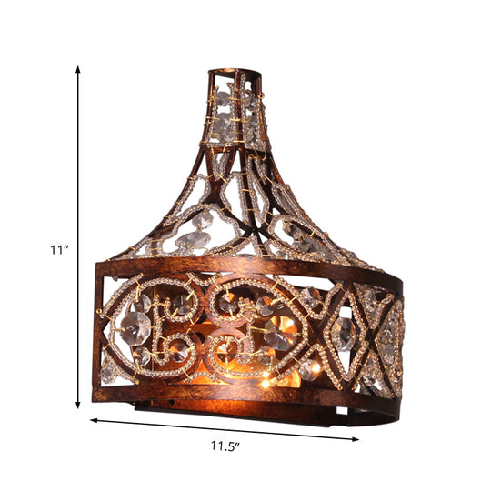 Antique Style Dark Rust Wall Lamp With Crystal Beads - 2-Light Drum Fixture For Corridor