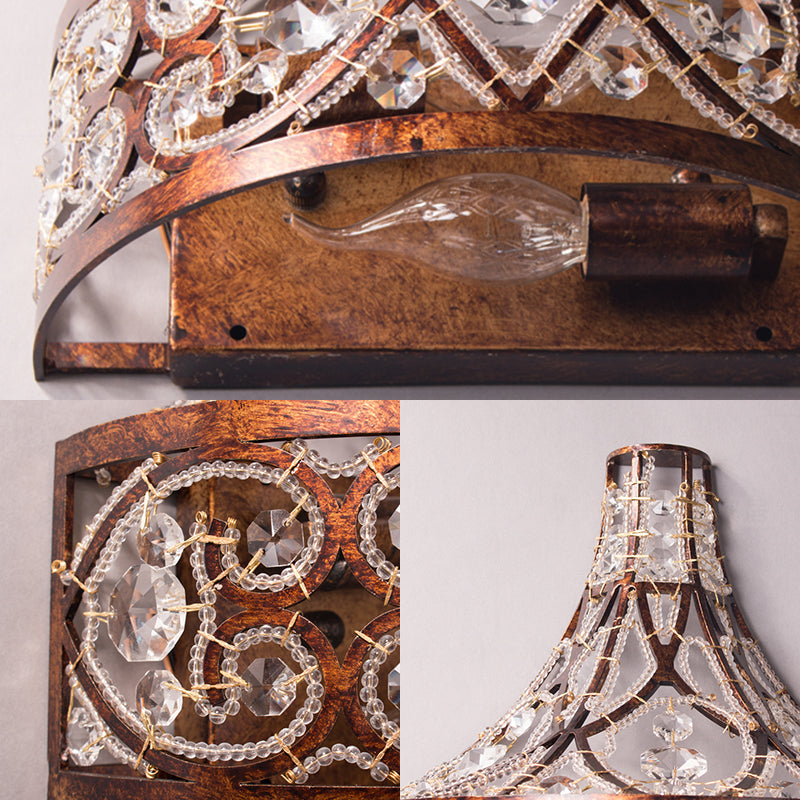 Antique Style Dark Rust Wall Lamp With Crystal Beads - 2-Light Drum Fixture For Corridor