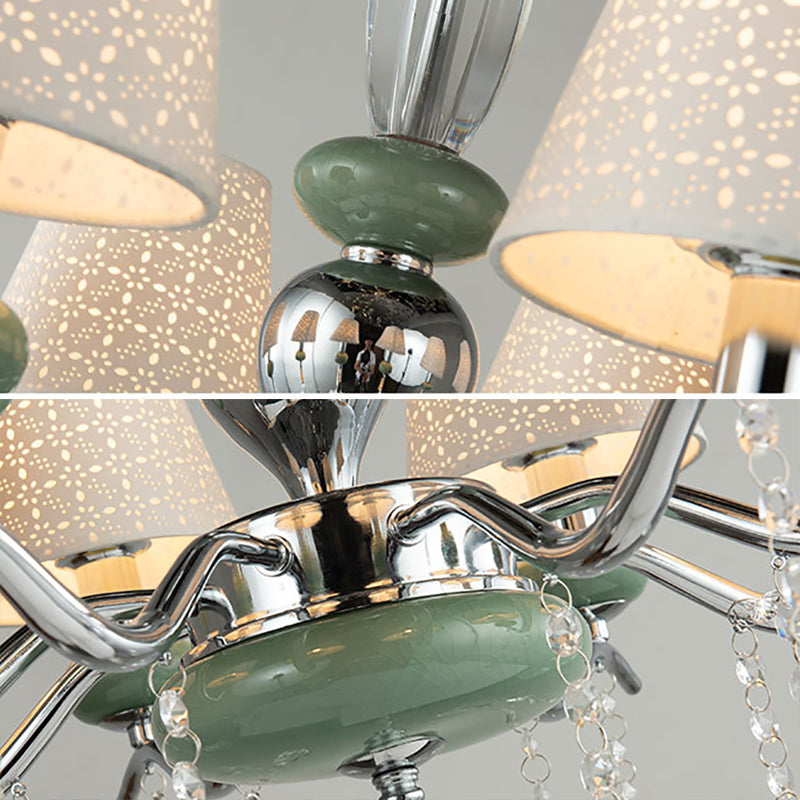 Modern Nordic Cone Pendant Lamp with 8 Lights and Crystal Drop - Green Bedroom Chandelier