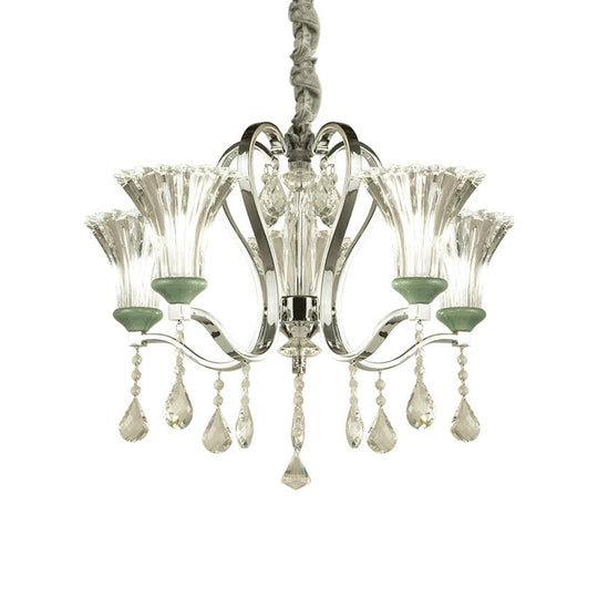 5 Bulb Modern Chandelier with Green Glass and Crystal Pendant Lighting