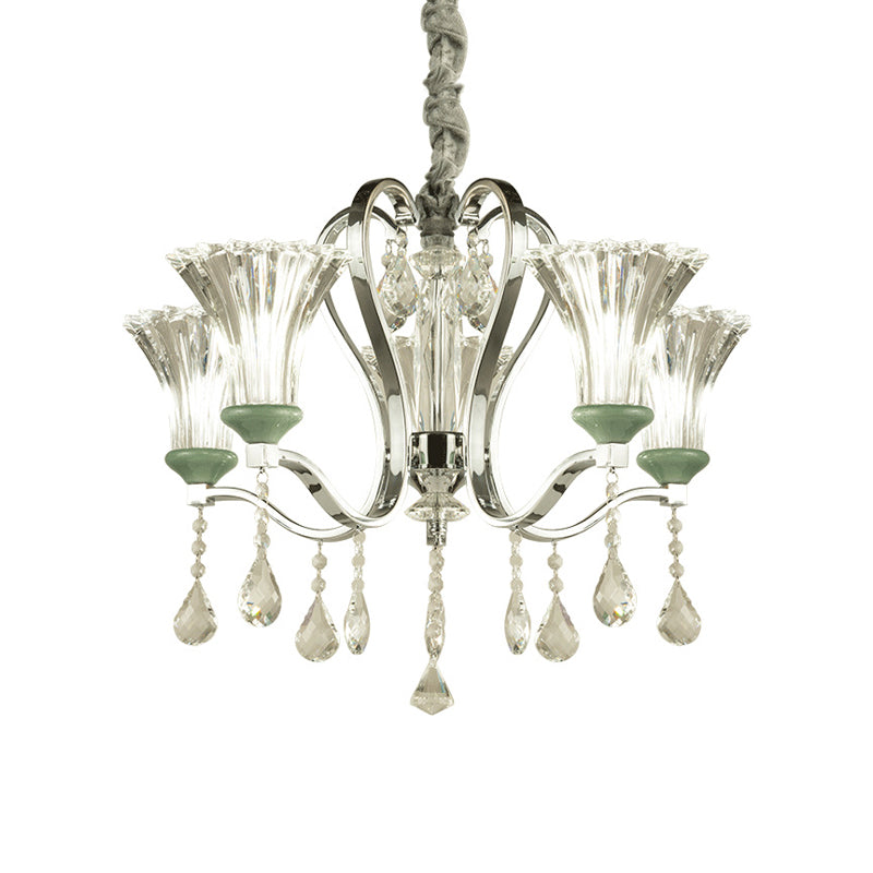 Modern Glass And Crystal Chandelier With 5 Green Bell Shades