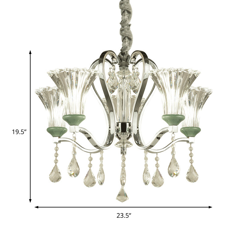 Modern Glass And Crystal Chandelier With 5 Green Bell Shades
