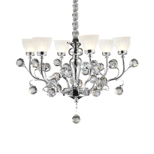 Modernist Frosted Glass 6-Light Conic Chandelier with Crystal Ball Pendant in Polished Chrome