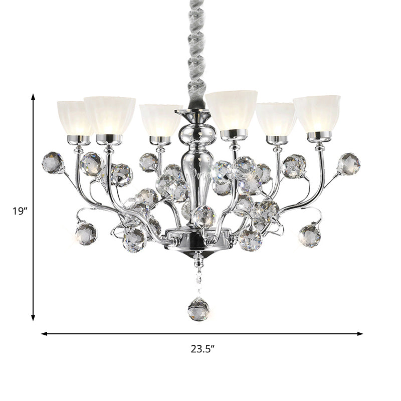 Modernist 6-Light Frosted Glass Chandelier With Crystal Ball Accent - Polished Chrome Pendant