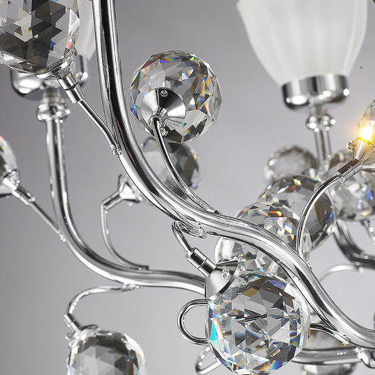 Modernist Frosted Glass 6-Light Conic Chandelier with Crystal Ball Pendant in Polished Chrome