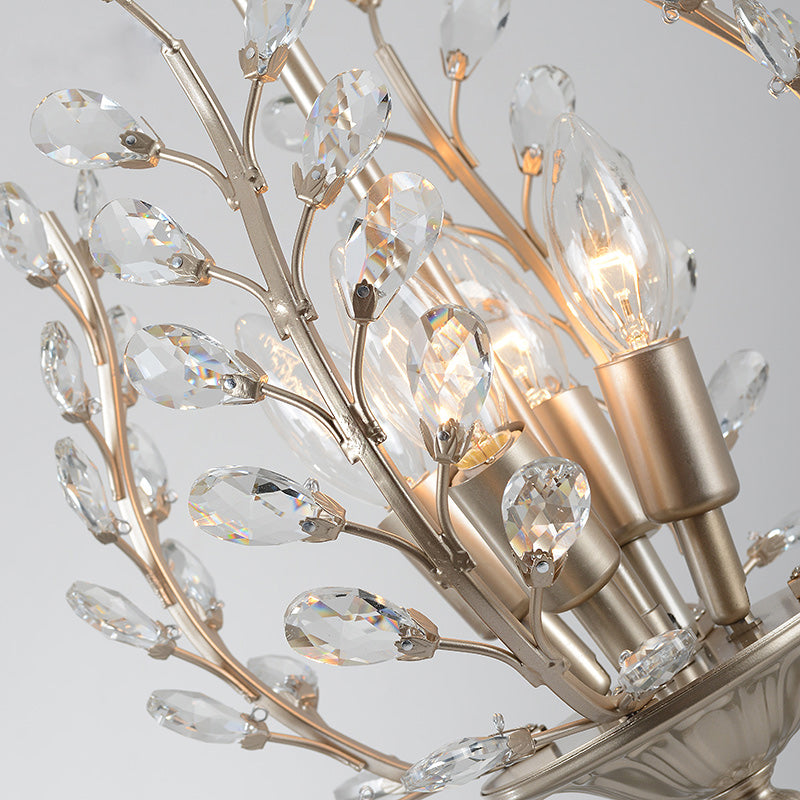 Vintage Clear Teardrop Crystal Chandelier Lamp - Leaf Design, 4 Lights - Champagne Ceiling Hanging Light