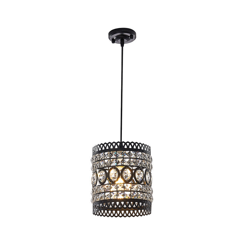 Industrial Style Black Cylinder Pendant Lamp with Clear Crystal Accent for Porch Lighting