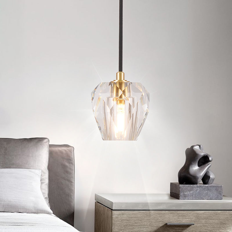 Contemporary Clear Crystal Pendant Light: 1-Light Faceted Ceiling-Hanging with Tapered Shade - Ideal for Bedside