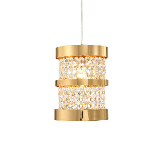 Modern Black/Gold Cylinder Pendant Light With Clear Crystal Beaded Strand - Stylish Metal 1-Bulb