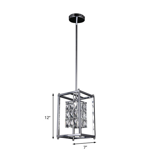 Modern Rectangle Cage Balcony Pendant Lamp with Clear Crystal Shade - Nickel Finish