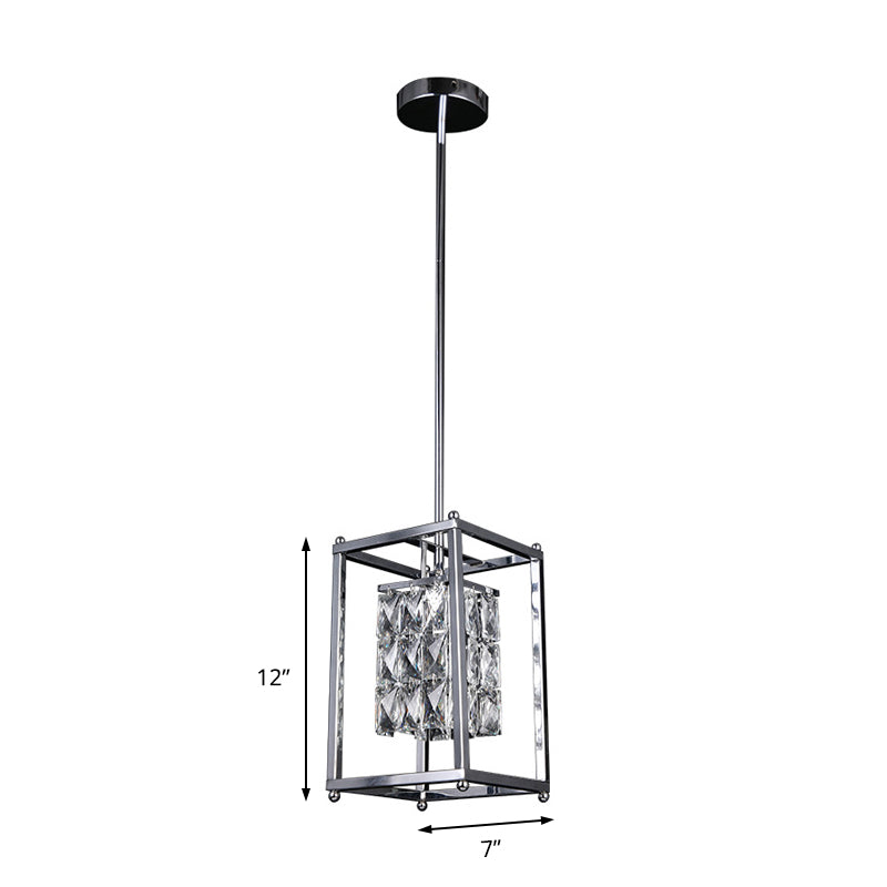Modern Nickel Rectangle Cage Balcony Pendant Lamp - Inner Clear Crystal Shade 1 Light Ceiling
