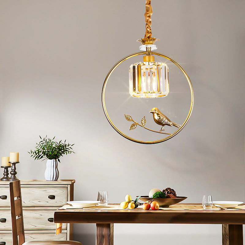 Vintage Style Clear Crystal Drum Ceiling Light With Bird Accent And 1 Bulb In Black/Gold