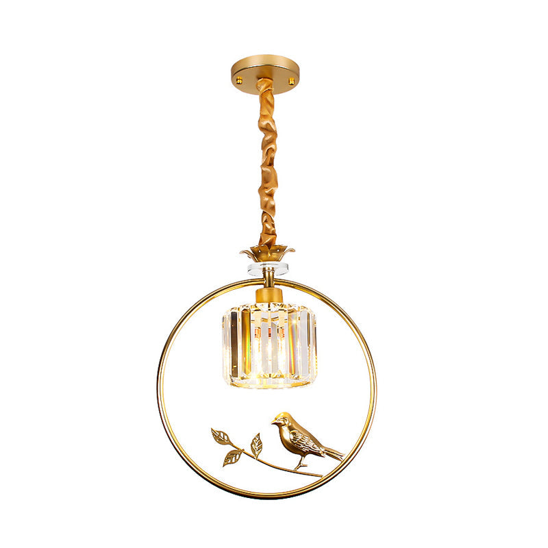 Vintage Style Clear Crystal Drum Ceiling Light with Bird Accent in Black/Gold