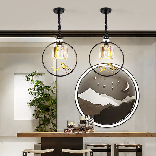 Vintage Style Clear Crystal Drum Ceiling Light With Bird Accent And 1 Bulb In Black/Gold Black