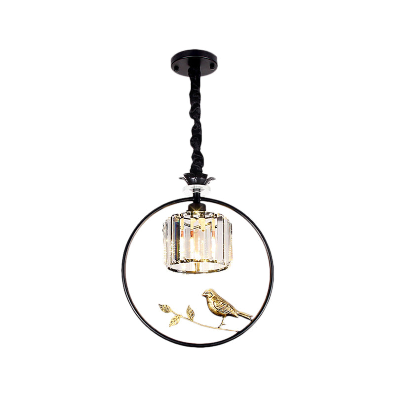 Vintage Style Clear Crystal Drum Ceiling Light with Bird Accent in Black/Gold