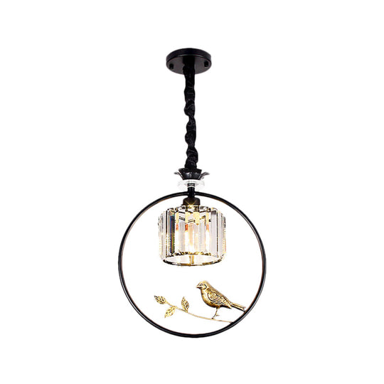 Vintage Style Clear Crystal Drum Ceiling Light With Bird Accent And 1 Bulb In Black/Gold