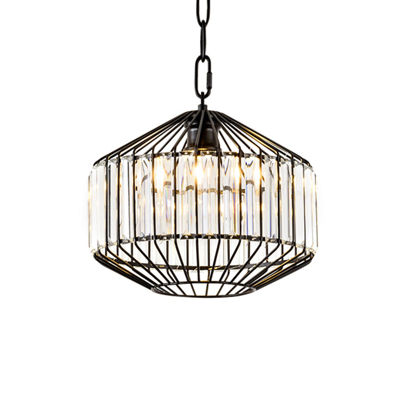 Wire Geometric Suspension Light with Crystal Block Accent - Modern Black Ceiling Pendant