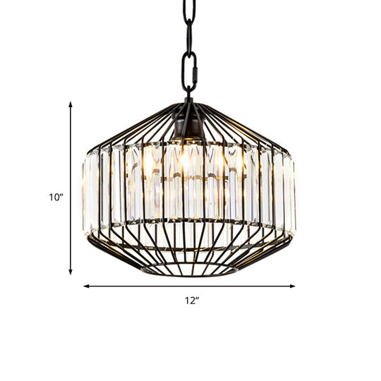 Wire Geometric Suspension Light with Crystal Block Accent - Modern Black Ceiling Pendant