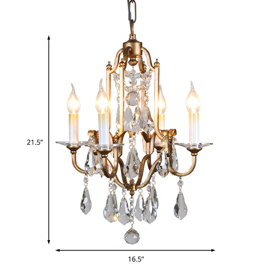 French Country Crystal Candle Chandelier - 4-Light Pendant Fixture For Hallway In Brass