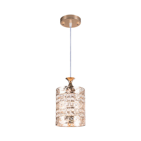 Vintage Gold Metal Cylinder Hanging Ceiling Light with Crystal Accent, 6"/7" Dia, 1 Light