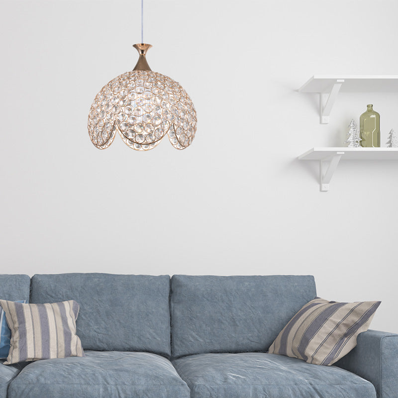 Contemporary Gold Ruffled Edge Crystal Pendant Lamp - 1 Light Dome Suspension, Clear, Various Sizes