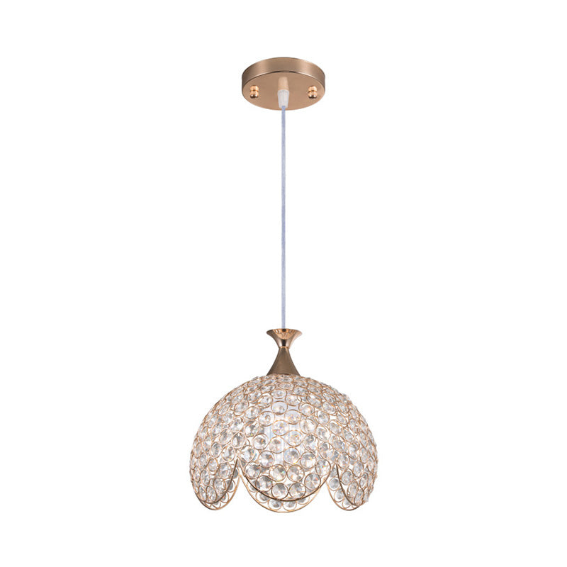 Contemporary Gold Ruffled Edge Crystal Pendant Lamp - 1 Light Dome Suspension, Clear, Various Sizes