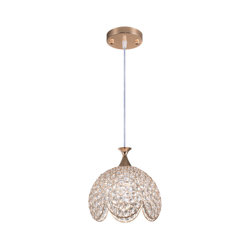 Contemporary Clear Crystal Pendant Light With Gold Ruffled Edge - 1 Dome Suspension Lamp (8/10/12 W)