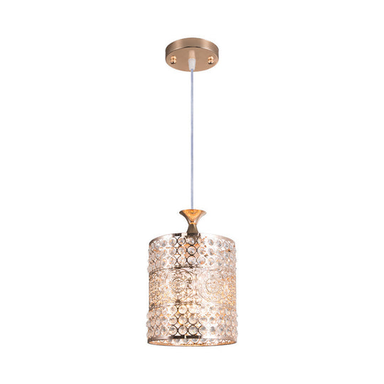 Modernist Golden Cylinder Pendant Ceiling Light With Crystal Decoration 6/7 Width
