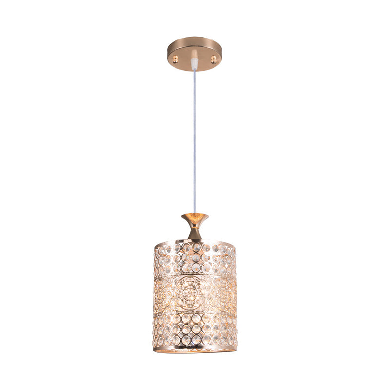 Golden Modernist Cylinder Pendant Light with Crystal Decoration - Metal Hanging Lamp, 6"/7" Width