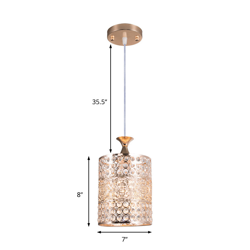 Golden Modernist Cylinder Pendant Light with Crystal Decoration - Metal Hanging Lamp, 6"/7" Width