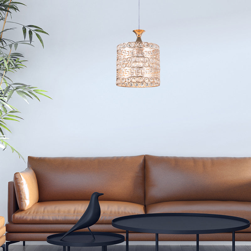 Contemporary Gold Hanging Pendant Lamp - 1 Light Cylinder Fixture With Crystal And Metal Details