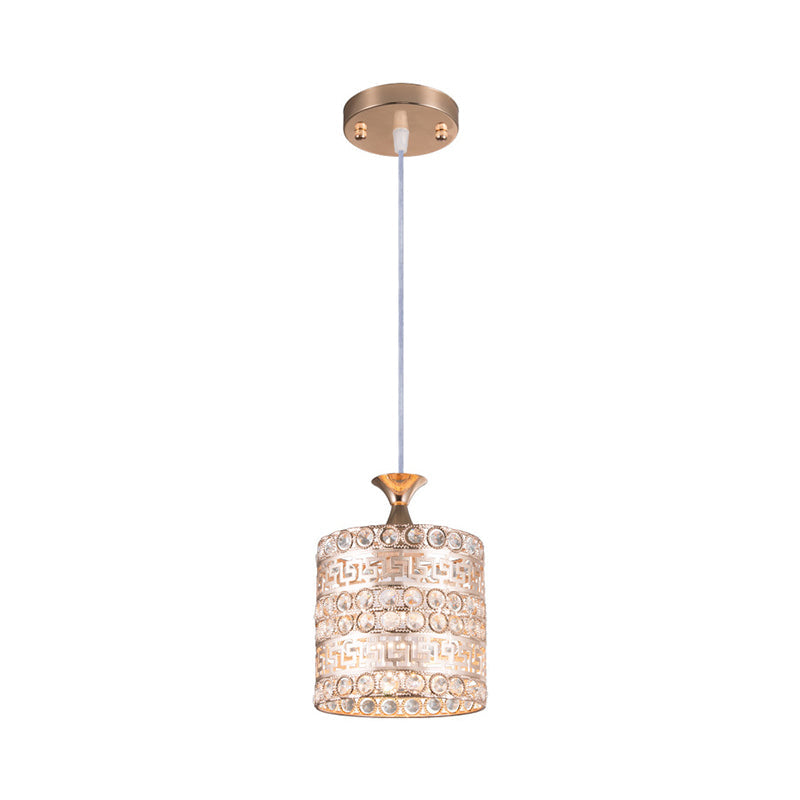 Contemporary Crystal and Metal Cylinder Pendant Lamp in Gold - 1-Light Hanging Fixture, 6"/7"/8" Width