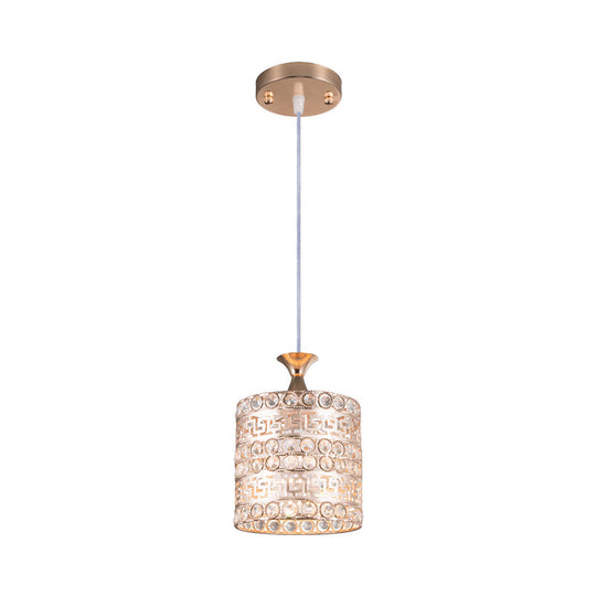 Contemporary Crystal and Metal Cylinder Pendant Lamp in Gold - 1-Light Hanging Fixture, 6"/7"/8" Width