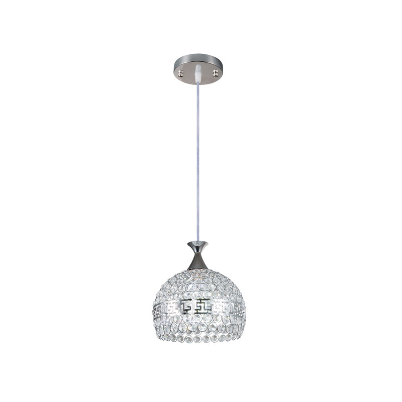 Modernist Chrome Dome Pendant Lamp - Clear Crystal and Metal - 8"/10"/12" Wide - Hanging Ceiling Light