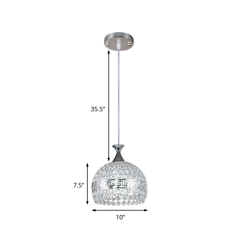 Clear Crystal & Metal Dome Pendant Lamp - Chrome Finish 8/10/12 Wide Modernist Style