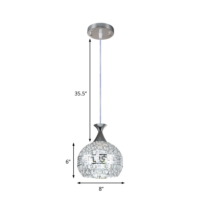 Modernist Chrome Dome Pendant Lamp - Clear Crystal and Metal - 8"/10"/12" Wide - Hanging Ceiling Light