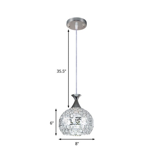 Clear Crystal & Metal Dome Pendant Lamp - Chrome Finish 8/10/12 Wide Modernist Style