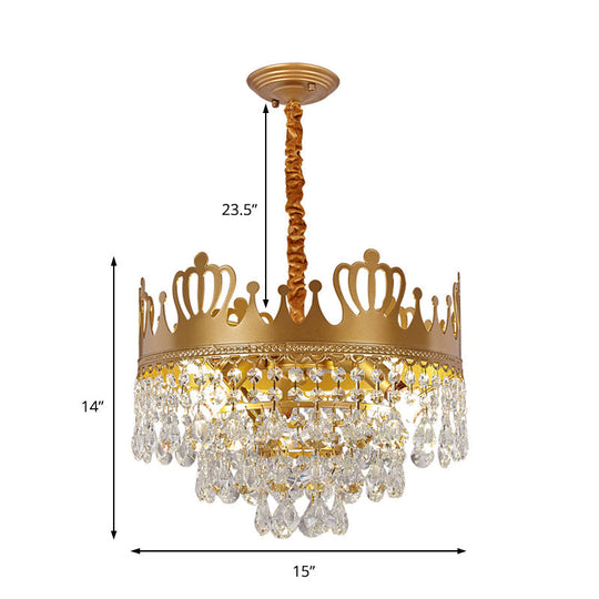Gold Metal Crown Chandelier Lamp - Modern 6-Light Pendant Light With Crystal Teardrop Deco