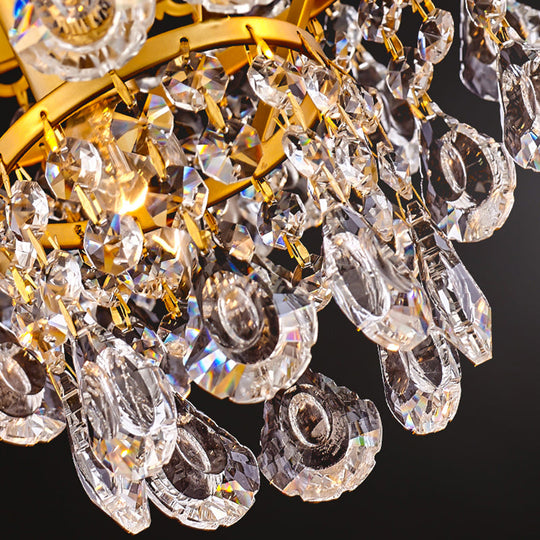 Gold Metal Crown Chandelier Lamp - Modern 6-Light Pendant Light With Crystal Teardrop Deco