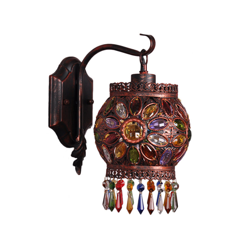 Bohemia Lantern Wall Sconce Metal 1-Light Lamp With Crystal Flower Design Antique Copper