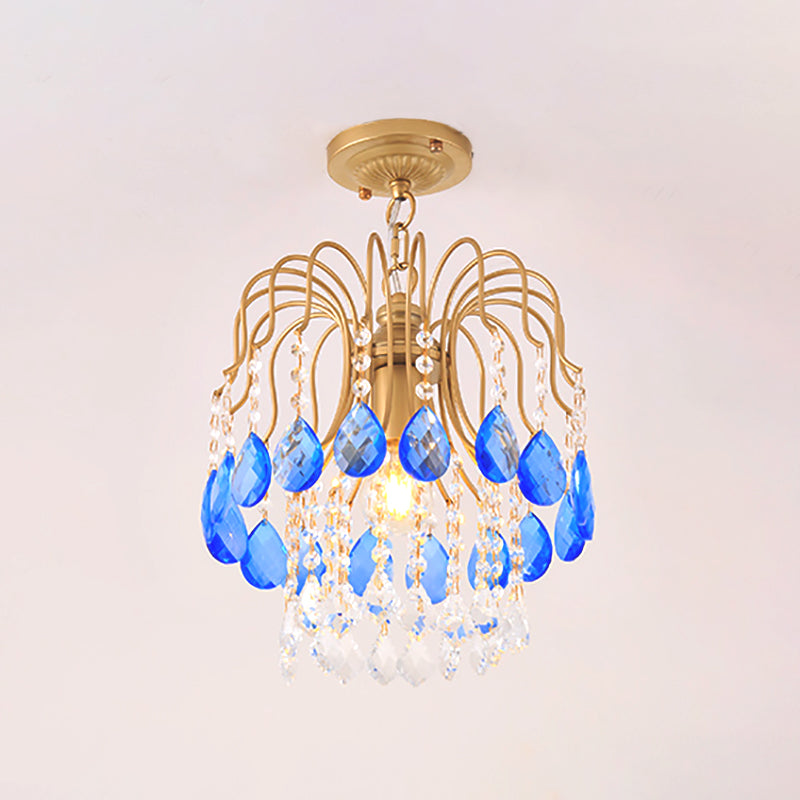 Modern Crystal Beaded Pendant Light with Gold Strand - Ideal Balcony Hanging Lighting