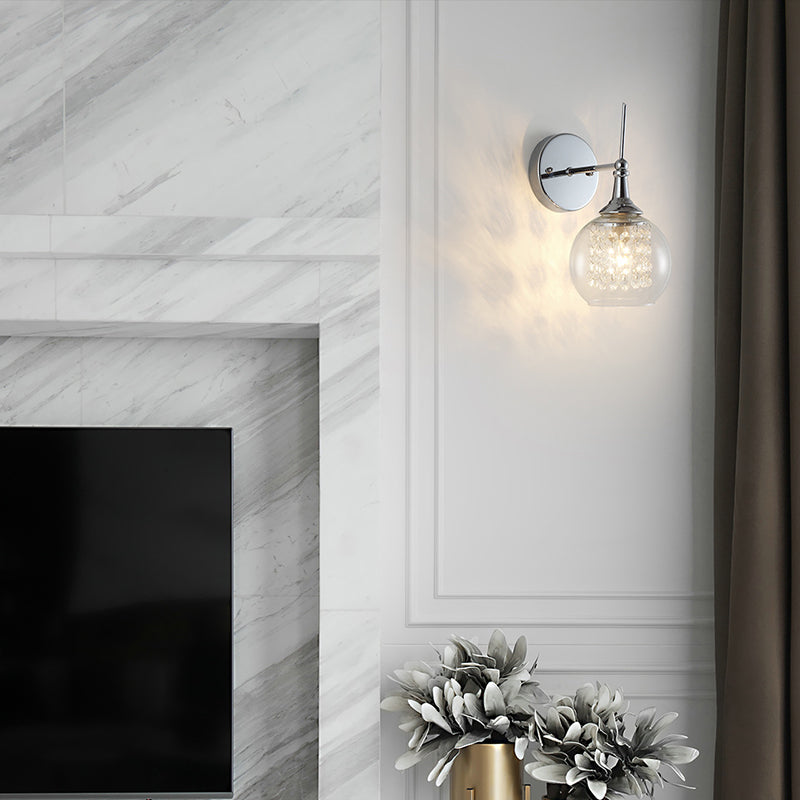 Contemporary Clear Glass Wall Sconce With Inner Crystal Strand And Chrome Finish