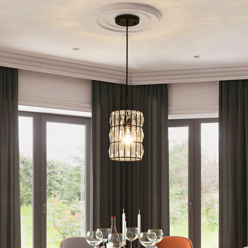 Modern Black Crystal Pendant Lamp with Clear Cylindrical Suspended Light for Living Room